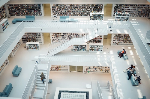 Bild av bibliotek som visar hyllor med böcker och en lugn läsmiljö